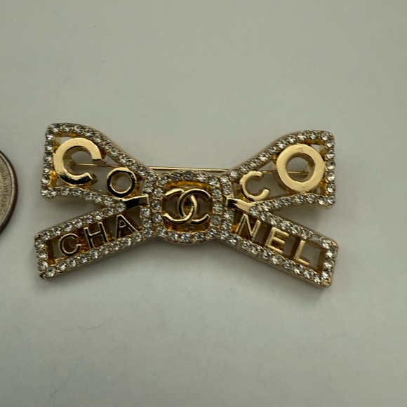 New upcycled CHANEL Gold tone and Silver rhinestone  Logo Bow Brooch - Picture 3 of 4